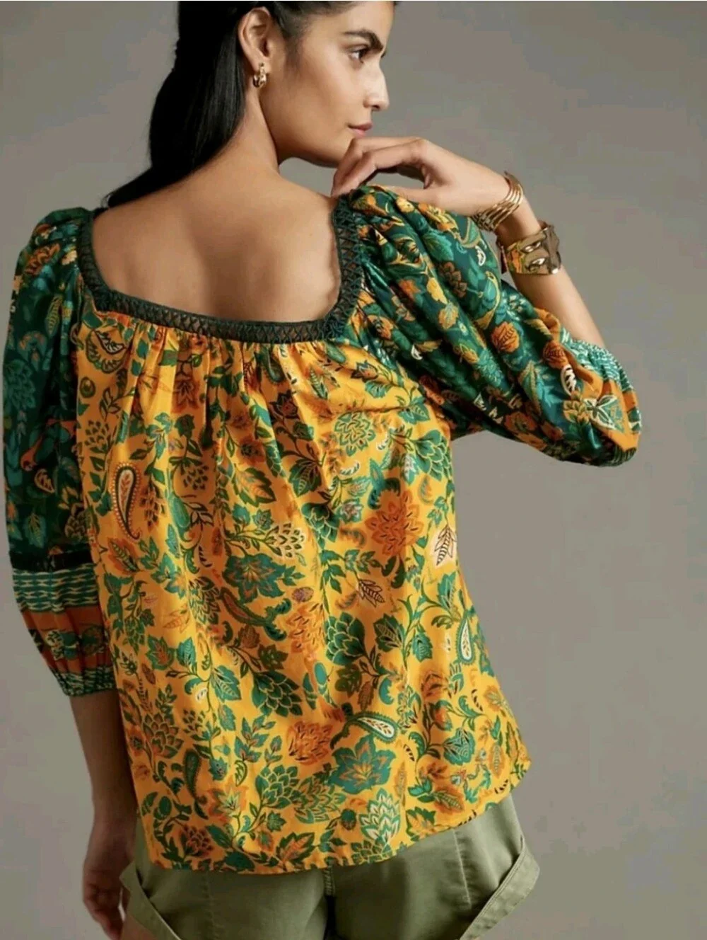 Farm Rio x Anthropologie Lace Inset Peasant Blouse Puff Sleeve Cotton Top Sz XS